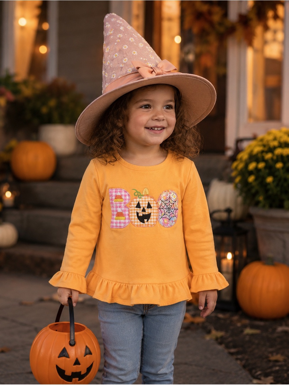 Girls' Ruffle Hem Long-Sleeve 'Boo' Pumpkin Tee - Mustard - Picture 2 of 6